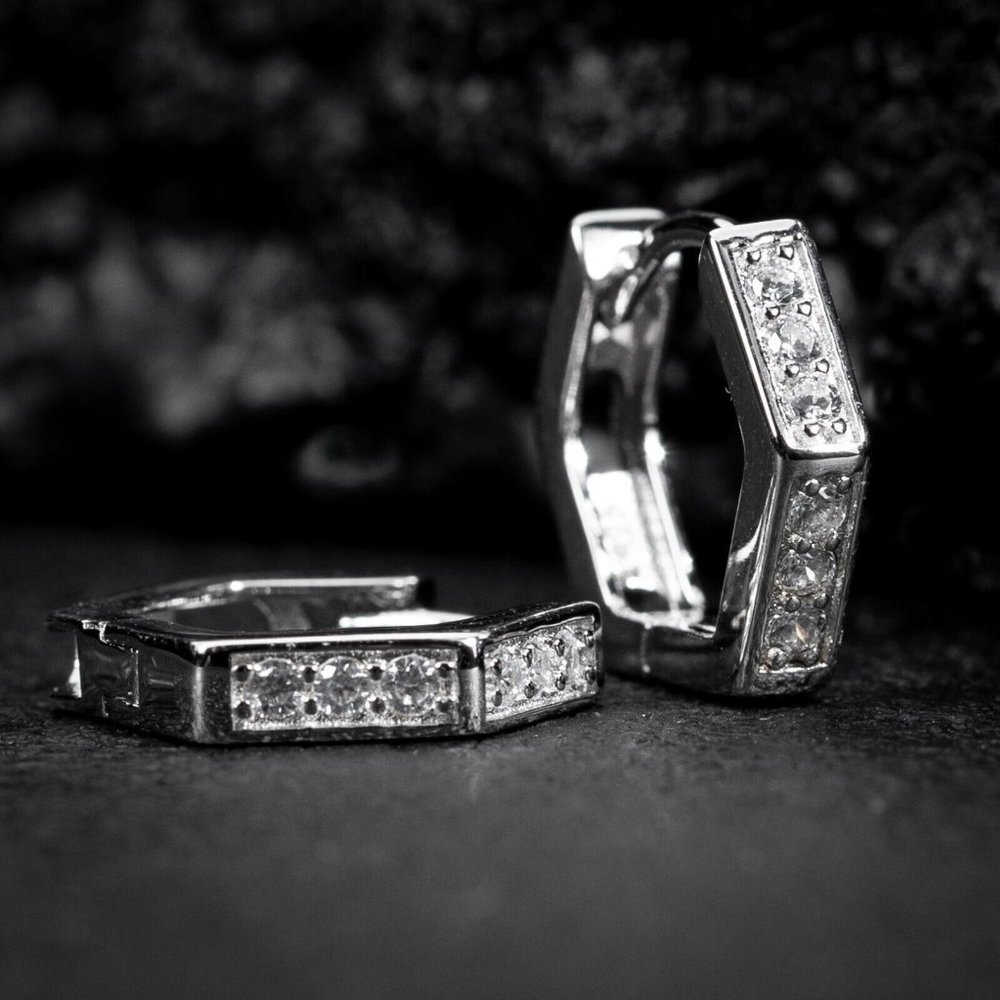 Mens Women's Small Hexagon Geometric Silver Iced Cz Huggie Hoop Earrings